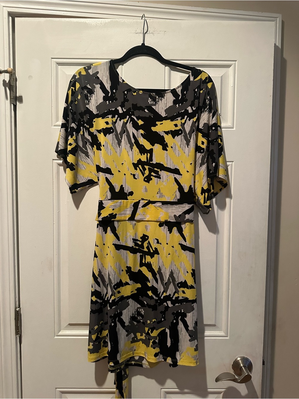 BCBGMaxAzria Yellow, Black & Gray Abstract Midi Dress